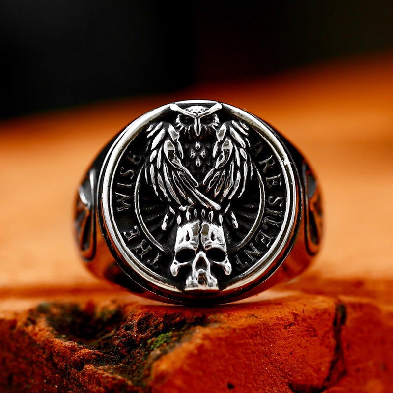 [ OVERCLOCK_#09W ] WISE SILENT OWL SKULL PUNK RING