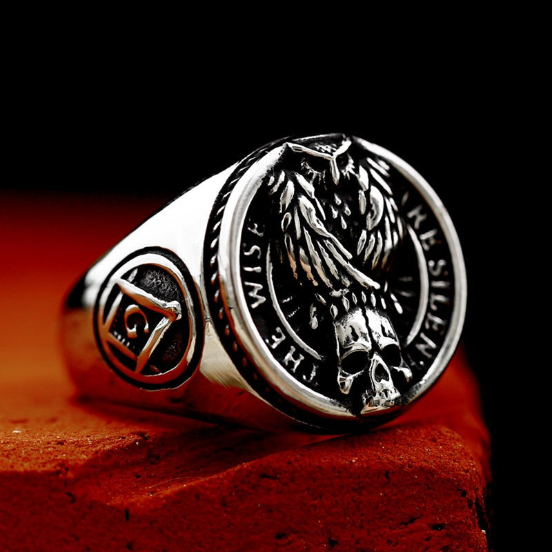 [ OVERCLOCK_#09W ] WISE SILENT OWL SKULL PUNK RING